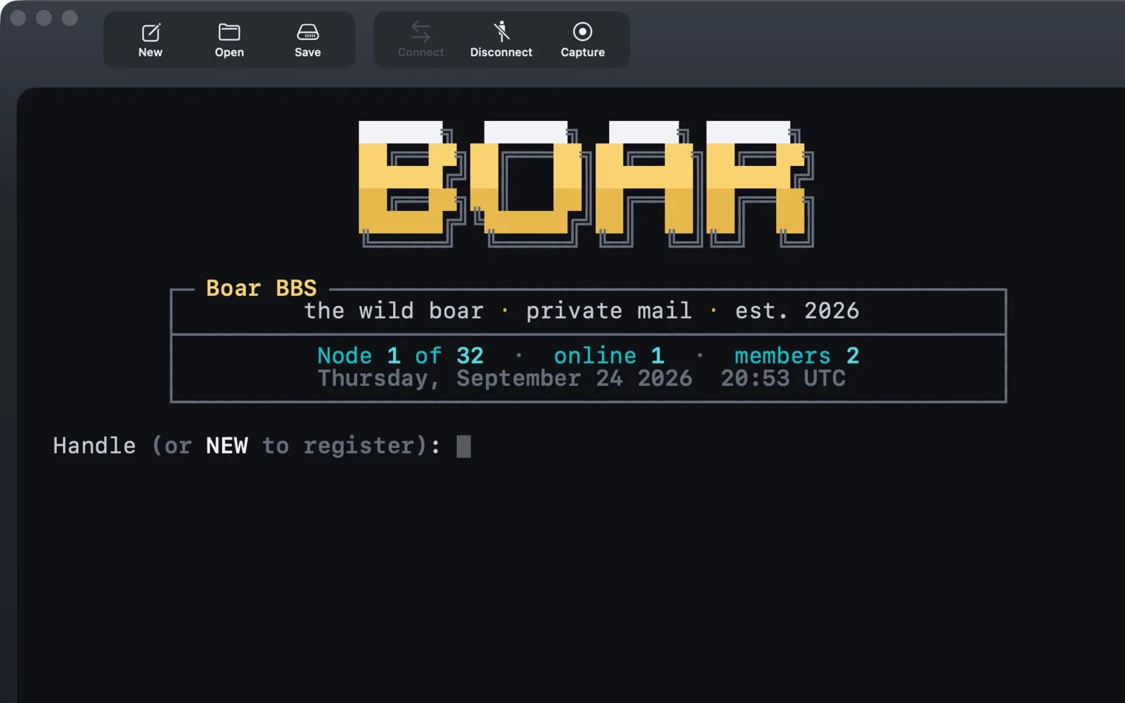 The Vardaris window connected to a telnet BBS, cropped to the top left. The board's ANSI welcome screen is in the terminal: the word BOAR in yellow block letters, a framed banner reading the wild boar, private mail, est. 2026, and a login prompt.