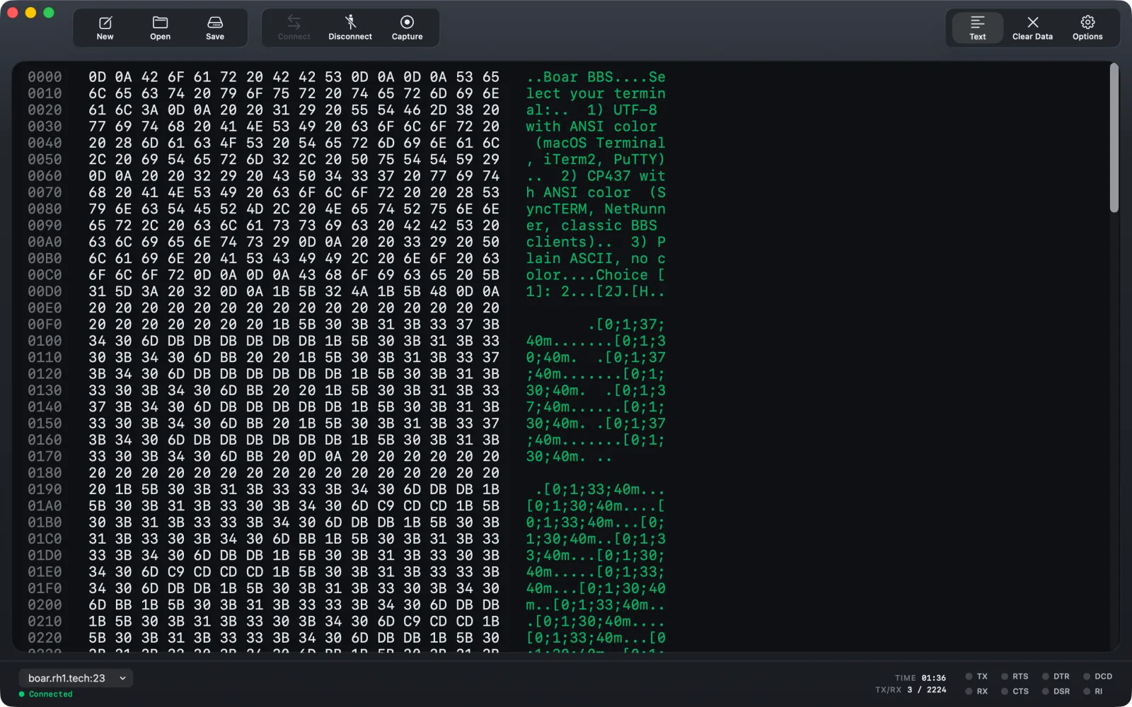 The hex view of the same session. Offsets run down the left, sixteen bytes per row in the middle, and the printable characters on the right, where the BBS menu text is readable and the ANSI escape sequences that drew the logo appear as bracketed codes.