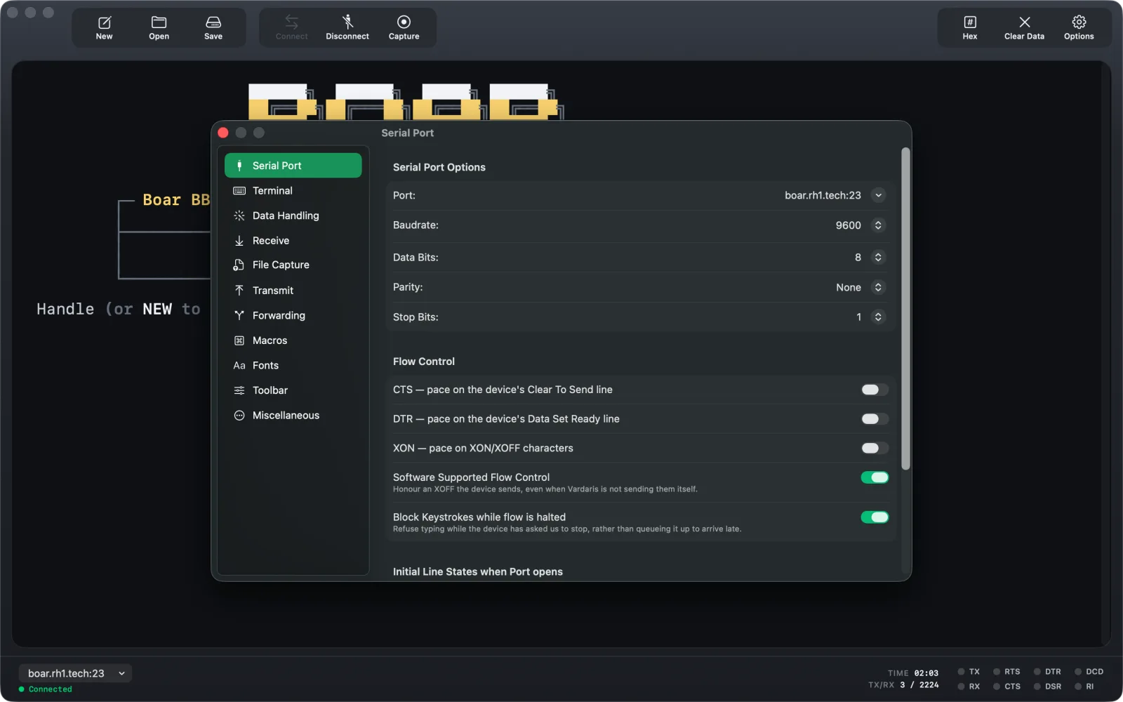 The Serial Port settings pane: port, baud rate, data bits, parity and stop bits at the top, then flow control switches for CTS, DTR and XON, software flow control, and blocking keystrokes while the device has halted the flow.